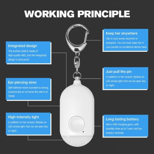 Waterproof Small Self-Defense Keychain Alarm with Rechargeable 130dB SOS LED Light for Emergency Safety for Men, Women, Children, and Elderly - Black