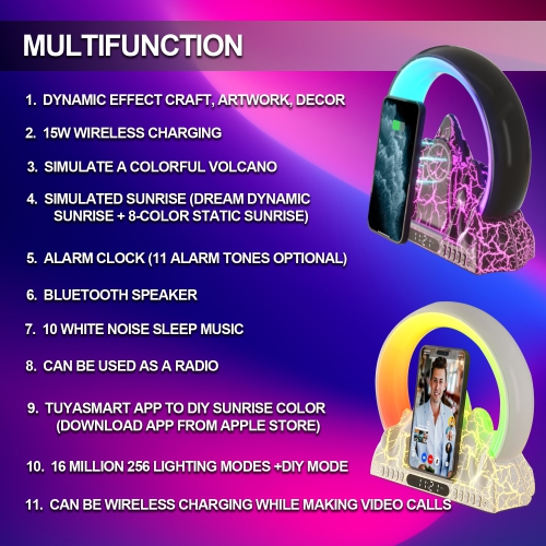 Bluetooth Speaker - Sunrise Flaming Mountain + Bluetooth 10m Connection with Colorful Ambient Lighting + 15W Wireless Fast Charging + White Noise