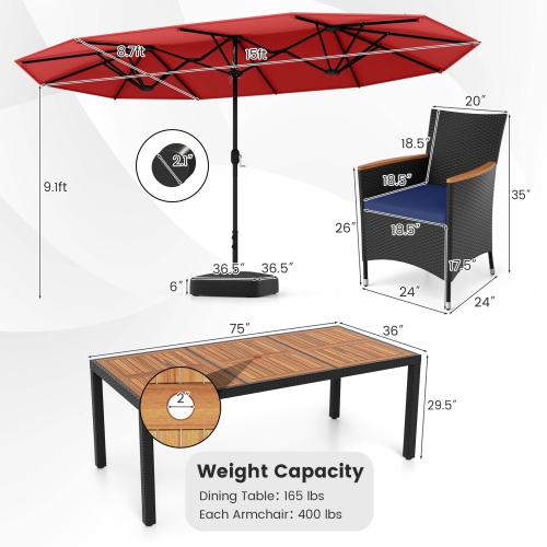 Ensemble de salle à manger de patio en osier 9 PCS avec parasol d'extérieur double face de Costway, 8 chaises empilables