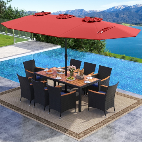 Ensemble de salle à manger de patio en osier 9 PCS avec parasol d'extérieur double face de Costway, 8 chaises empilables