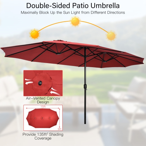 Ensemble de salle à manger de patio en osier 9 PCS avec parasol d'extérieur double face de Costway, 8 chaises empilables