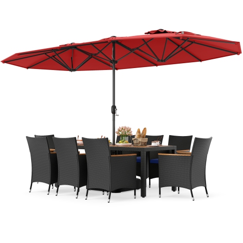 Ensemble de salle à manger de patio en osier 9 PCS avec parasol d'extérieur double face de Costway, 8 chaises empilables
