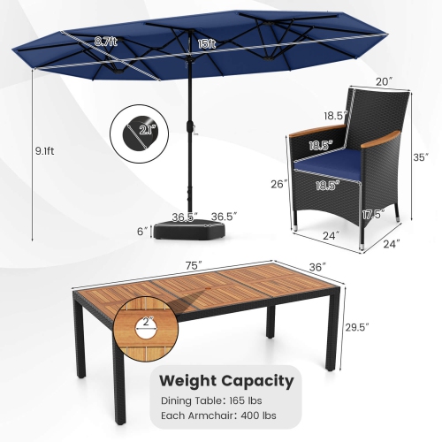 Costway 9 PCS Patio Wicker Dining Set with Double-Sided Outdoor Umbrella 8 Stackable Chairs
