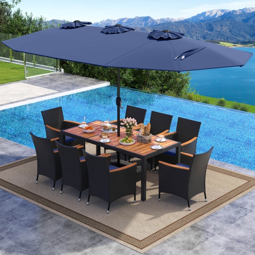 Costway 9 PCS Patio Wicker Dining Set with Double-Sided Outdoor Umbrella 8 Stackable Chairs