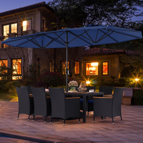 Costway 9 PCS Patio Wicker Dining Set with Double-Sided Outdoor Umbrella 8 Stackable Chairs