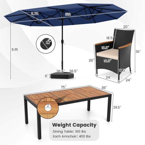 Costway 9 PCS Patio Wicker Dining Set with Double-Sided Outdoor Umbrella 8 Stackable Chairs