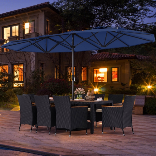 Costway 9 PCS Patio Wicker Dining Set with Double-Sided Outdoor Umbrella 8 Stackable Chairs