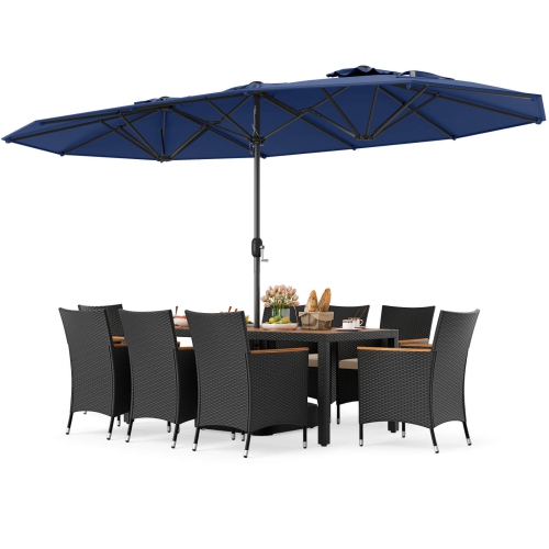 Costway 9 PCS Patio Wicker Dining Set with Double-Sided Outdoor Umbrella 8 Stackable Chairs