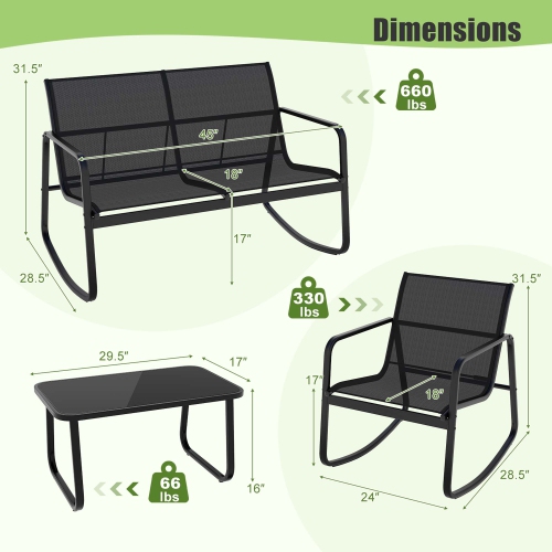 Fauteuils berçants et causeuse de patio 8 PCS de Costway avec table extérieure à surface en verre