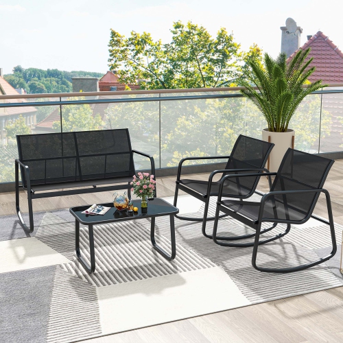 Fauteuils berçants et causeuse de patio 8 PCS de Costway avec table extérieure à surface en verre