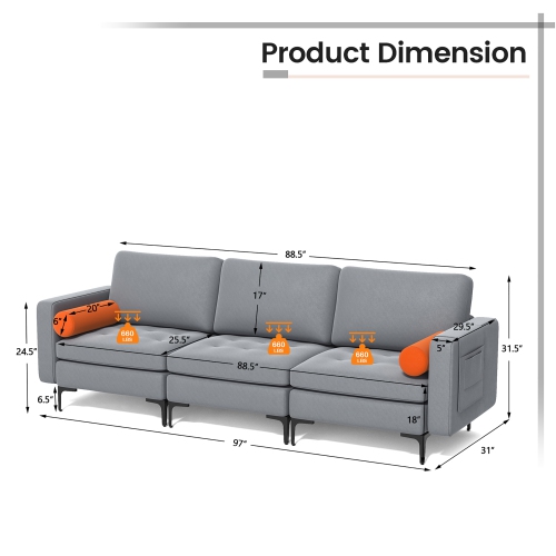 Costway Modular 3-Seat Sofa Couch with Socket USB Ports & Side Storage Pocket Ash Grey