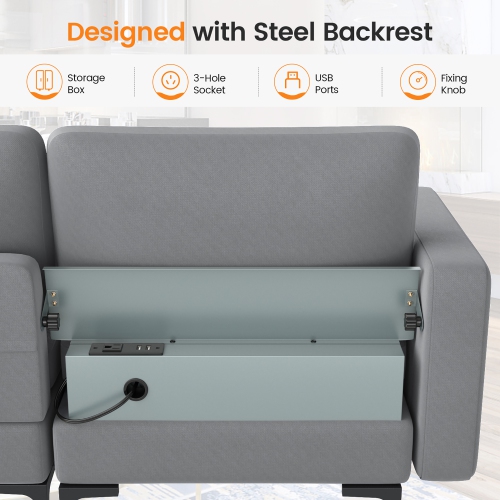 Costway Modular 3-Seat Sofa Couch with Socket USB Ports & Side Storage Pocket Ash Grey