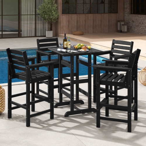 Costway Outdoor Bar Table All Weather HDPE Patio Table with Wood Grains Bistro Table Brown/Black/Gray/Navy