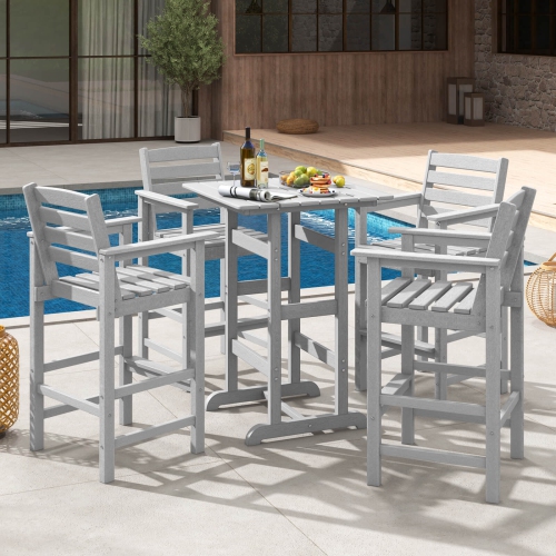 Costway Outdoor Bar Table All Weather HDPE Patio Table with Wood Grains Bistro Table Brown/Black/Gray/Navy