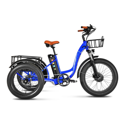 EMMO Trobic Pro Fat Tire Electric Three Wheel Bicycle for Adults 48V/17.5Ah 750W Peak Motor - Blue - Hydraulic Brakes - Front and Rear Cargo Baskets