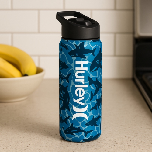 Hurley 3D Shark Design 16Oz Straw Cap Ss. Sports Bottle