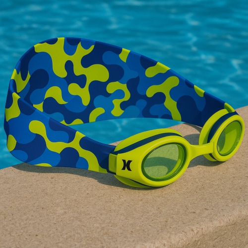 Hurley Kids Neon Camo Design Swim Goggles With Hair Safety Fabric Strap