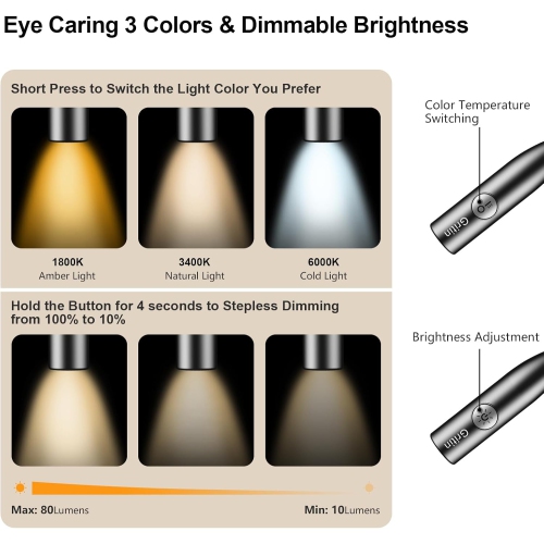 Book Light, 3 Color Temperatures Reading Light, Bendable Neck Light, 80 Hrs Lasting Rechargeable Book Light for Reading in Bed, Knitting, Camping,