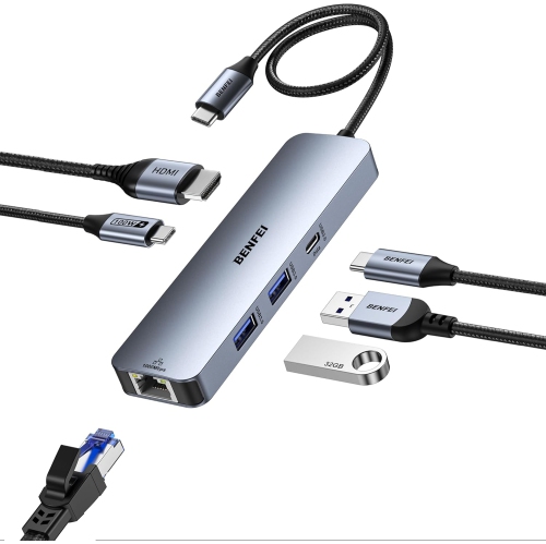 BENFEI 6-in-1 USB C Hub, HDMI 4K@60Hz, 2xUSB-A, USB-C Data, 100W PD, Gigabit Ethernet