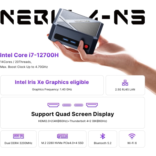 ORIGIMAGIC Mini PC with N3 Intel Core i7-12700H 32GB DDR4 3200Mhz 512GB M.2 NVMe SSD | 2.5G LAN | Wi-Fi 6 | Bluetooth 5.2 | USB 3.2Gen2*3 | Quad