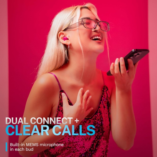 JLab Go Pop ANC True Wireless Earbuds & Charging Case, Fuchsia, Active Noise Cancelling, 10mm Drivers, Dual Connect, Customize Your Sound with App,