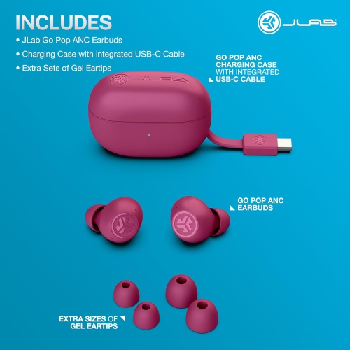 JLab Go Pop ANC True Wireless Earbuds & Charging Case, Fuchsia, Active Noise Cancelling, 10mm Drivers, Dual Connect, Customize Your Sound with App,