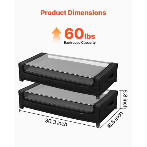 VEVOR 30.3 x 18.5 x 6.8 inch Under Bed Storage with Wheels,Underbed Containers with Clear Lid,Underbed Shoe Organizer,Rolling Under the Bed Storage