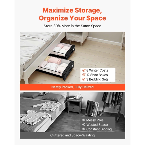 VEVOR 30.3 x 18.5 x 6.8 inch Under Bed Storage with Wheels,Underbed Containers with Clear Lid,Underbed Shoe Organizer,Rolling Under the Bed Storage