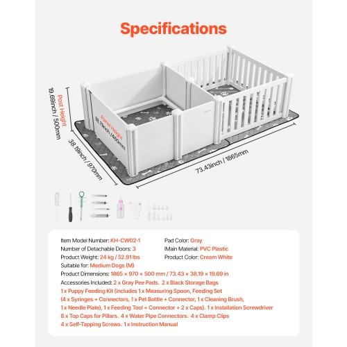 VEVOR 73x38x19.7 in Dog Whelping Box,Plastic Dog Whelping Pen with Adjustable Height Door, Puppy Playpen with Waterproof Pee Pad,Durable Indoor Pet