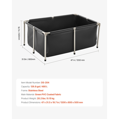 VEVOR 126.8 Gal Canvas Fish Pond, Above Ground Fish Pond, Foldable PVC Koi Tank, Rectangular Goldfish Tank with Stable Frame and Drain Valve, for