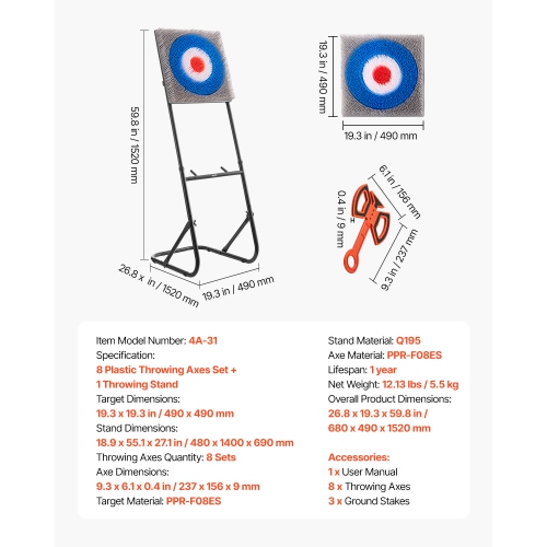 VEVOR Axe Throwing Game, Plastic Bristle Target with 8 Throwing Axes Set, Foldable Steel Frame, Easy to Store, Stable Placement for Indoor and