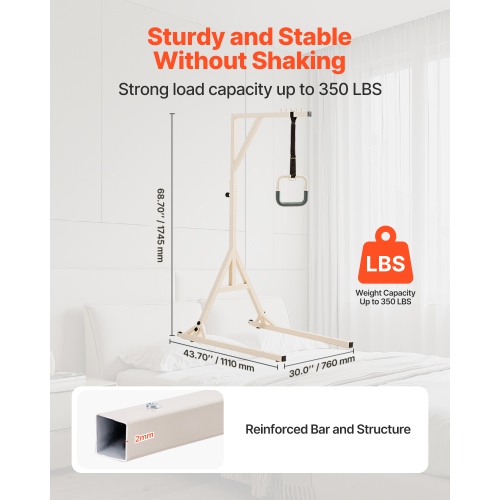 VEVOR 350LBS Weight Capacity Trapeze Bar for Bed Mobility, Height-Adjustable Bed Trapeze with 2 Casters,Heavy Duty Pull Up Assist Bar with Floor