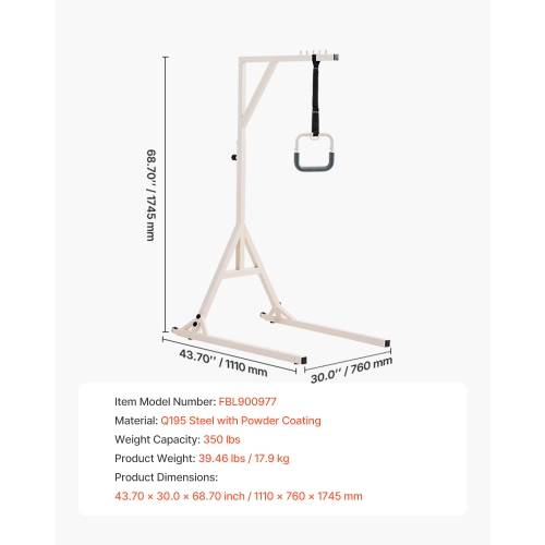 VEVOR 350LBS Weight Capacity Trapeze Bar for Bed Mobility, Height-Adjustable Bed Trapeze with 2 Casters,Heavy Duty Pull Up Assist Bar with Floor