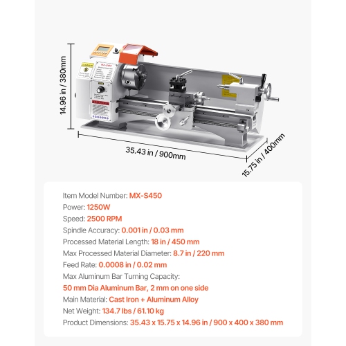VEVOR 8.7 x 18 in Metal Lathe Machine,Precision Bench Power Metal Lathe, Automatic Feed, 0-2500 RPM Variable Speed,1250W Brushless Motor,for