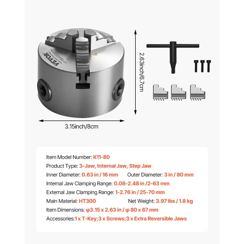 VEVOR 3 Inch 3-Jaw Lathe Chuck,Self-Centering Chuck,0.08-2.48in (2-63 mm) Clamping Range with T-key Fixing Screws Reversible Jaws,HT300