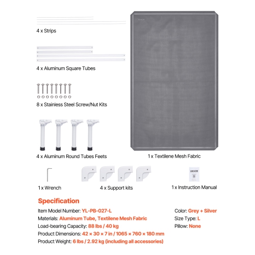 VEVOR L Elevated Dog Bed for Large Dogs, Portable Raised Dog Cot with Aluminum Tube Metal Frame and Breathable Textilene Mesh, Indoor & Outdoor Pet