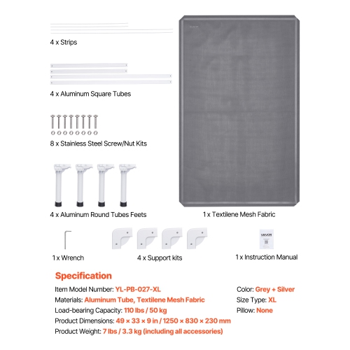 VEVOR XL Elevated Dog Bed for Large Dogs, Portable Raised Dog Cot with Aluminum Tube Metal Frame and Breathable Textilene Mesh,Indoor & Outdoor Pet