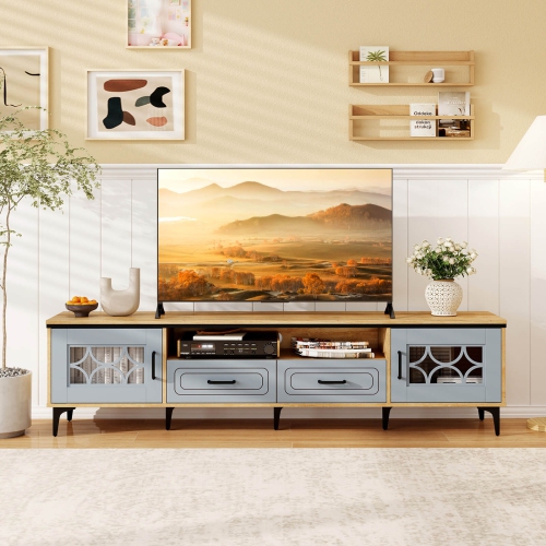 Costway 71" TV Stand for TVs up to 80" with Open Compartment Side Cabinets & Drawers Beige/White