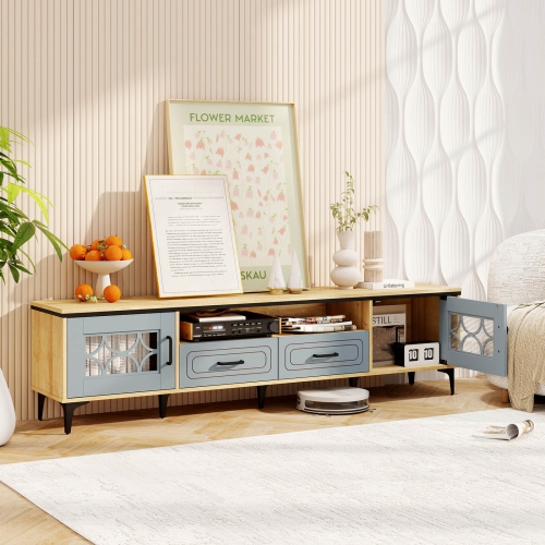 Costway 71" TV Stand for TVs up to 80" with Open Compartment Side Cabinets & Drawers Beige/White