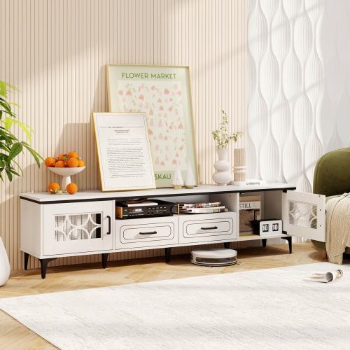 Costway 71" TV Stand for TVs up to 80" with Open Compartment Side Cabinets & Drawers Beige/White