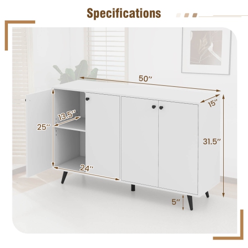 Costway Buffet Sideboard Mid Century Modern 4-Door Storage Cabinet 50" Accent Cabinet Brown/White