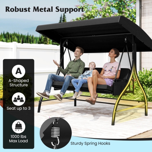 Costway 3-Seat Patio Swing with Canopy with Removable Cushions & Side Pockets Stand Black/Gray/Red/Brown/Beige