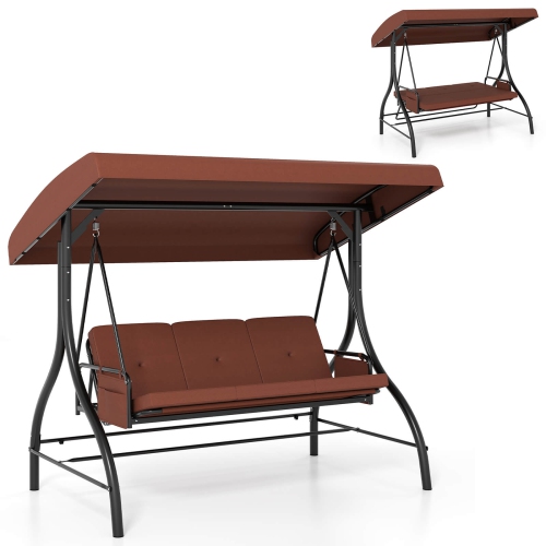 Costway 3-Seat Patio Swing with Canopy with Removable Cushions & Side Pockets Stand Black/Gray/Red/Brown/Beige