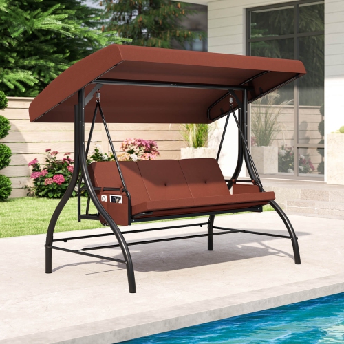 Costway 3-Seat Patio Swing with Canopy with Removable Cushions & Side Pockets Stand Black/Gray/Red/Brown/Beige
