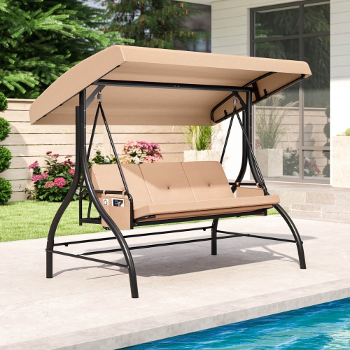 Costway 3-Seat Patio Swing with Canopy with Removable Cushions & Side Pockets Stand Black/Gray/Red/Brown/Beige