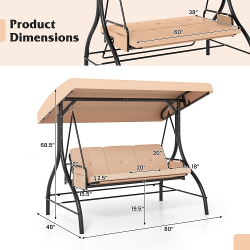 Costway 3-Seat Patio Swing with Canopy with Removable Cushions & Side Pockets Stand Black/Gray/Red/Brown/Beige
