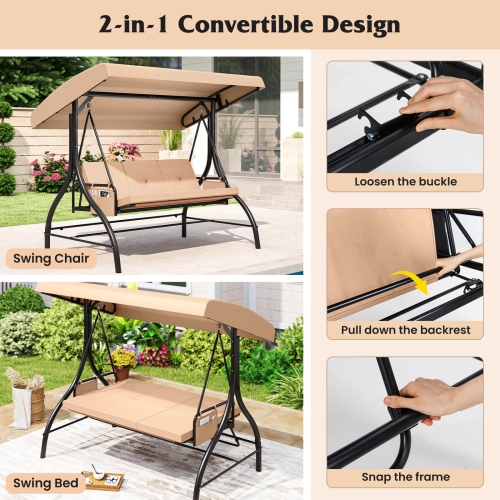 Costway 3-Seat Patio Swing with Canopy with Removable Cushions & Side Pockets Stand Black/Gray/Red/Brown/Beige