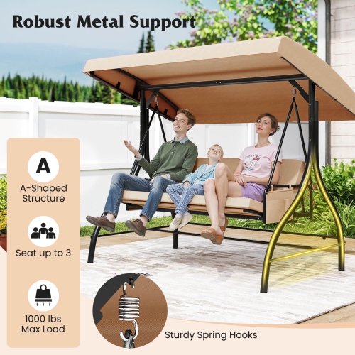 Costway 3-Seat Patio Swing with Canopy with Removable Cushions & Side Pockets Stand Black/Gray/Red/Brown/Beige