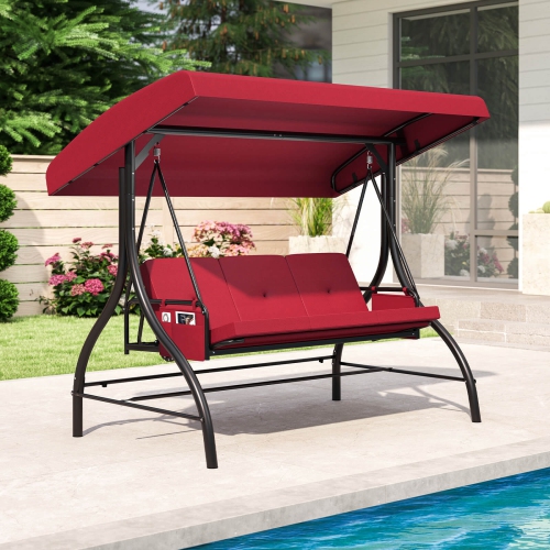 Costway 3-Seat Patio Swing with Canopy with Removable Cushions & Side Pockets Stand Black/Gray/Red/Brown/Beige