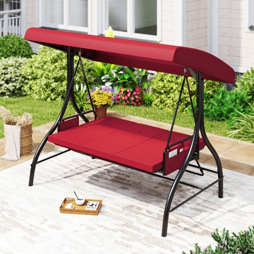 Costway 3-Seat Patio Swing with Canopy with Removable Cushions & Side Pockets Stand Black/Gray/Red/Brown/Beige